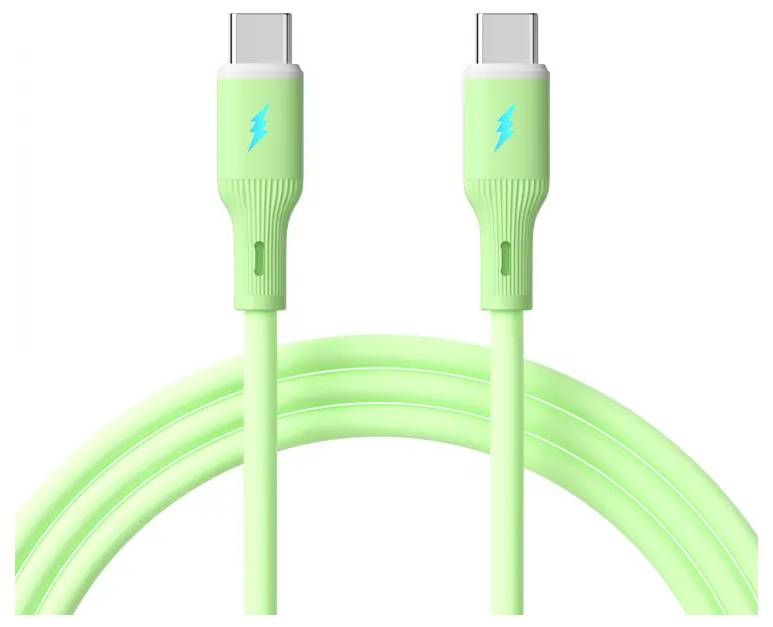 Een limoengroene USB-C naar USB-C kabel met verlichte bliksemschicht symbolen op beide aansluitingen, die de mogelijkheid tot snel laden aangeven.