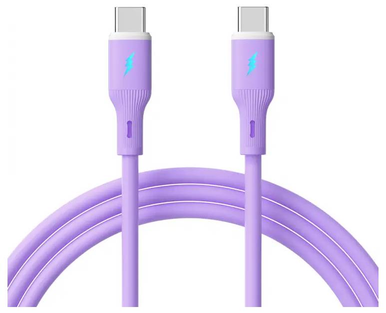 Lavendel-gekleurde USB-C naar USB-C-kabel met blauwe bliksemschicht-pictogrammen op de aansluitingen, wat duidt op snellaadfunctionaliteit.