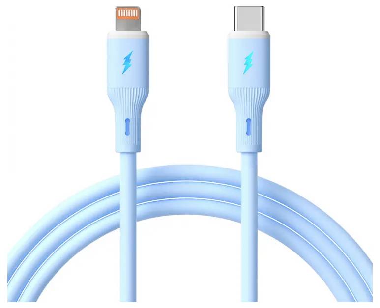 Een blauwe oplaadkabel met een Lightning-connector aan de ene kant en een USB-C-connector aan de andere kant, gebruikt voor gegevensoverdracht en opladen.