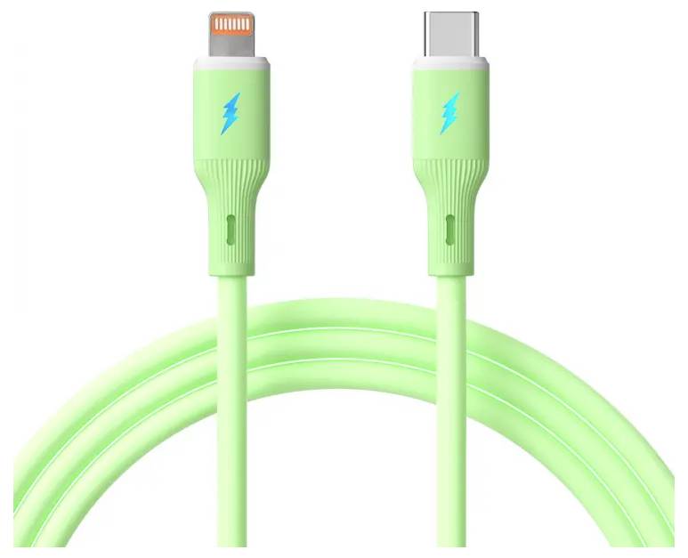 'Groene USB-C naar Lightning-kabel met blauw bliksemboutteken op elk aansluitpunt.'