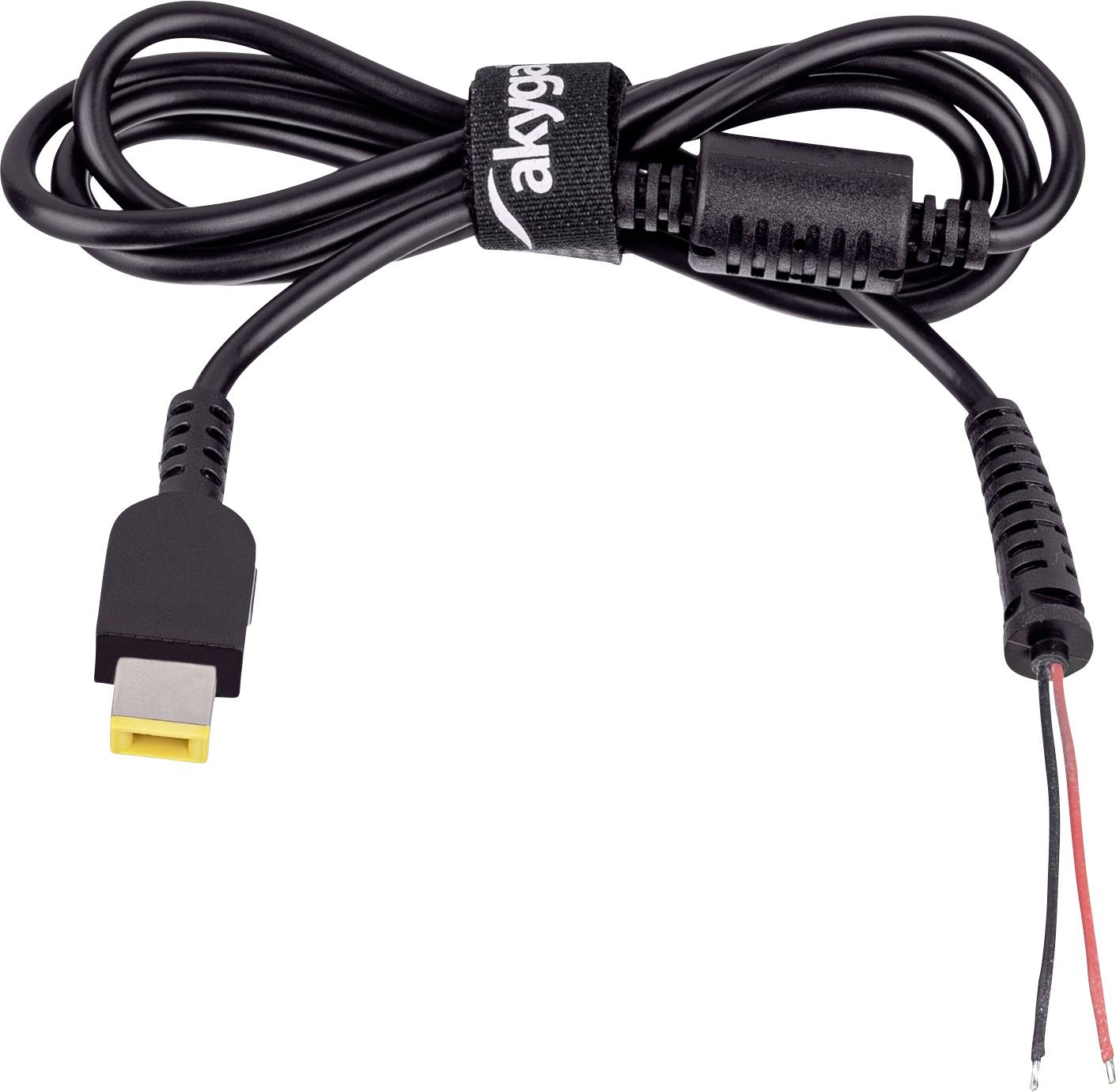 Een zwarte voedingsadapterkabel met een gele mannelijke connector aan de ene kant en rode en zwarte gestripte draden aan de andere kant, gebruikt voor laptops.