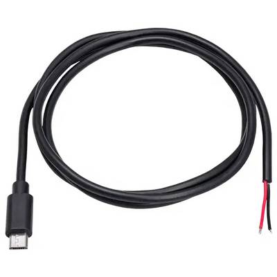 Een zwarte USB-kabel met aan de ene kant een micro-USB-connector en aan de andere kant uiteenlopende rode en zwarte ontblote draden.