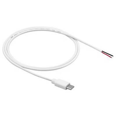 Een USB Type-C kabel met drie blootliggende draden aan één uiteinde, bestaande uit zwart, rood en een ontblote draad, wat stroomtoevoerdraden aanduidt.