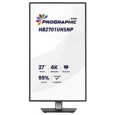 Verticale monitor met de weergave 'PROGRAPHIC HB2701UHSNP' met kenmerken: 27 inch, 4K 3840x2160 resolutie, 99% DCI-P3, IPS Black-technologie.