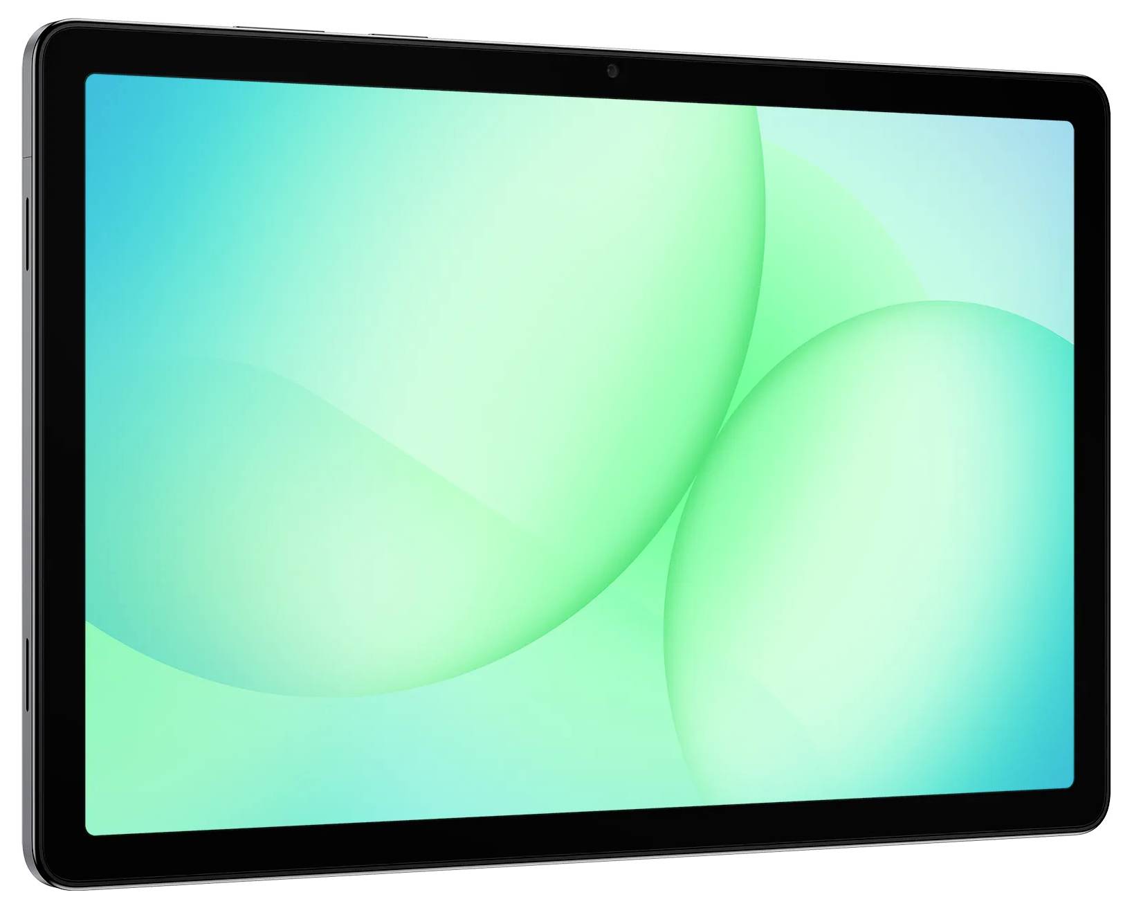 Een zwarte tablet met een groen verloop scherm, mogelijk een standaard achtergrond weergavend.