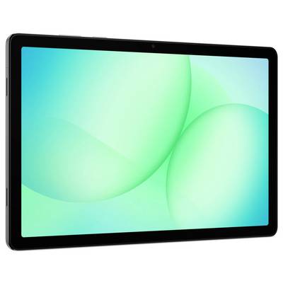 Een zwarte tablet met een groen verloop scherm, mogelijk een standaard achtergrond weergavend.