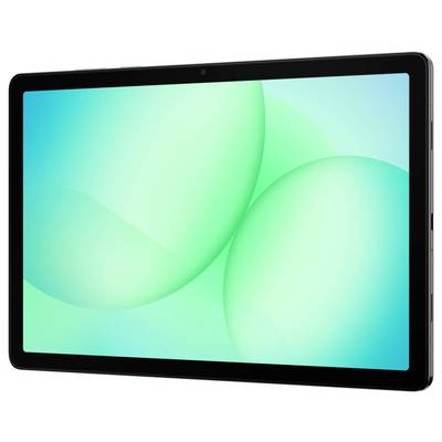 Een zwarte tablet met een oplichtend groen abstract scherm, waarop overlappende bollen op een verlopende achtergrond worden weergegeven.