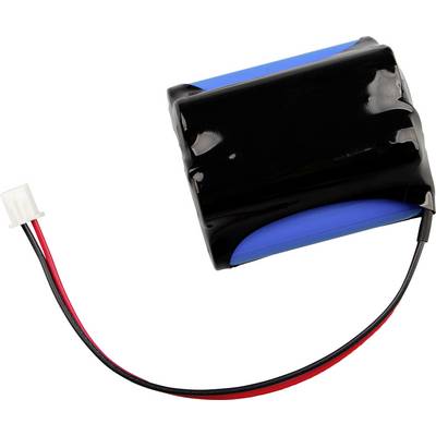 Zwarte oplaadbare batterijpak met rode en zwarte draden en een witte connector op een witte achtergrond.