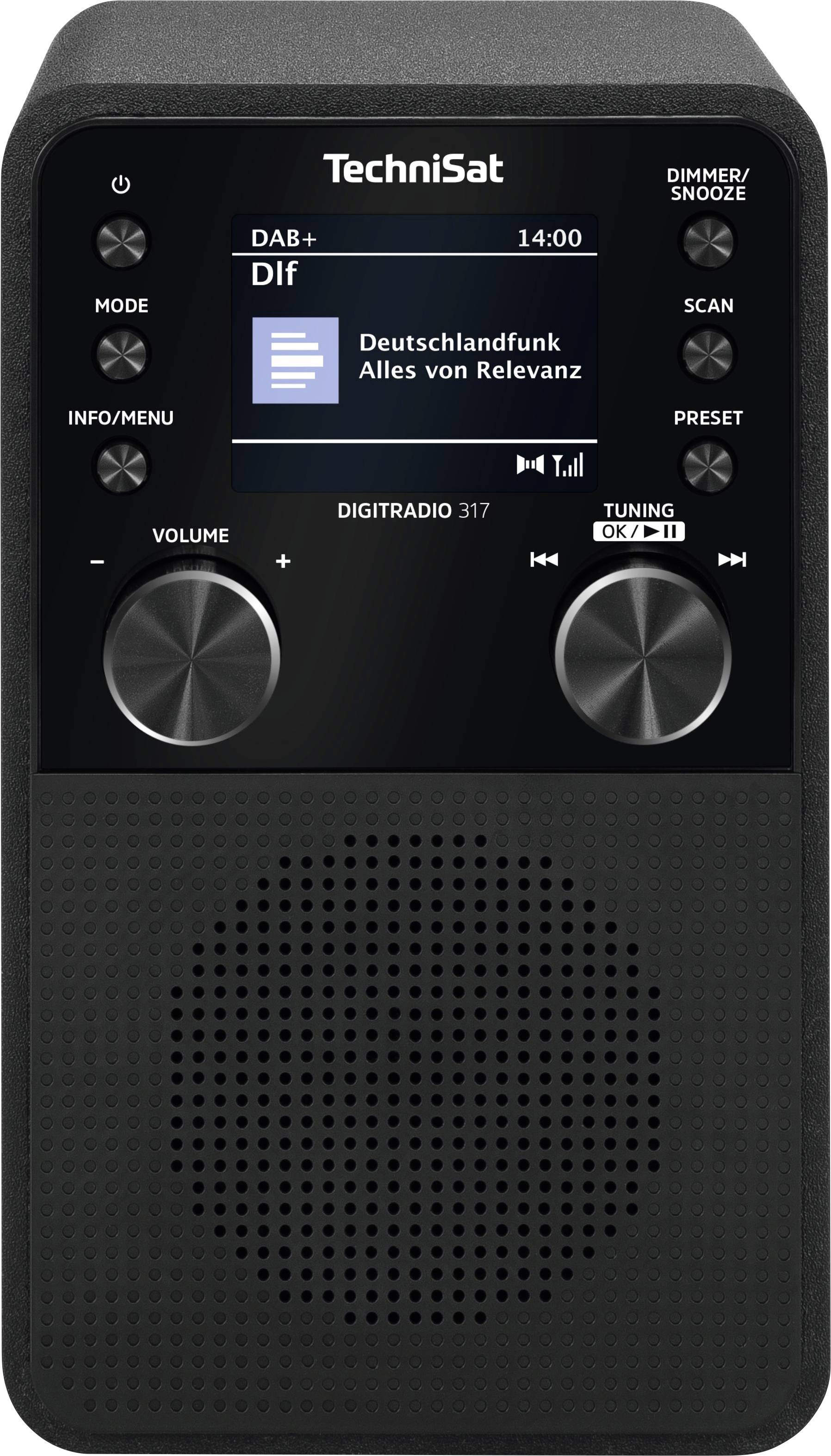 Een zwarte digitale radio met een scherm dat 'Dlf' weergeeft, met bedieningsknoppen voor volume, afstemming en modus. Onder het scherm bevindt zich een luidsprekerraster.