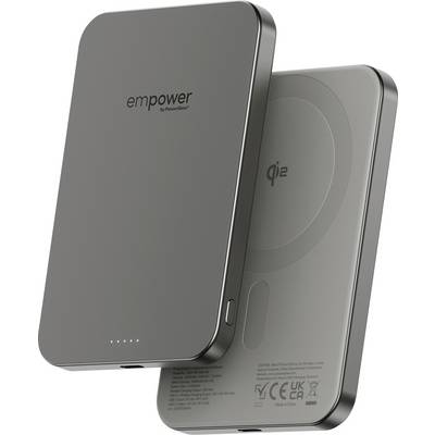 'Dubbele draadloze oplaadpads in een strak, metallic grijsontwerp, voorzien van 'empower' merklogo. Ideaal voor gelijktijdig opladen van apparaten.'