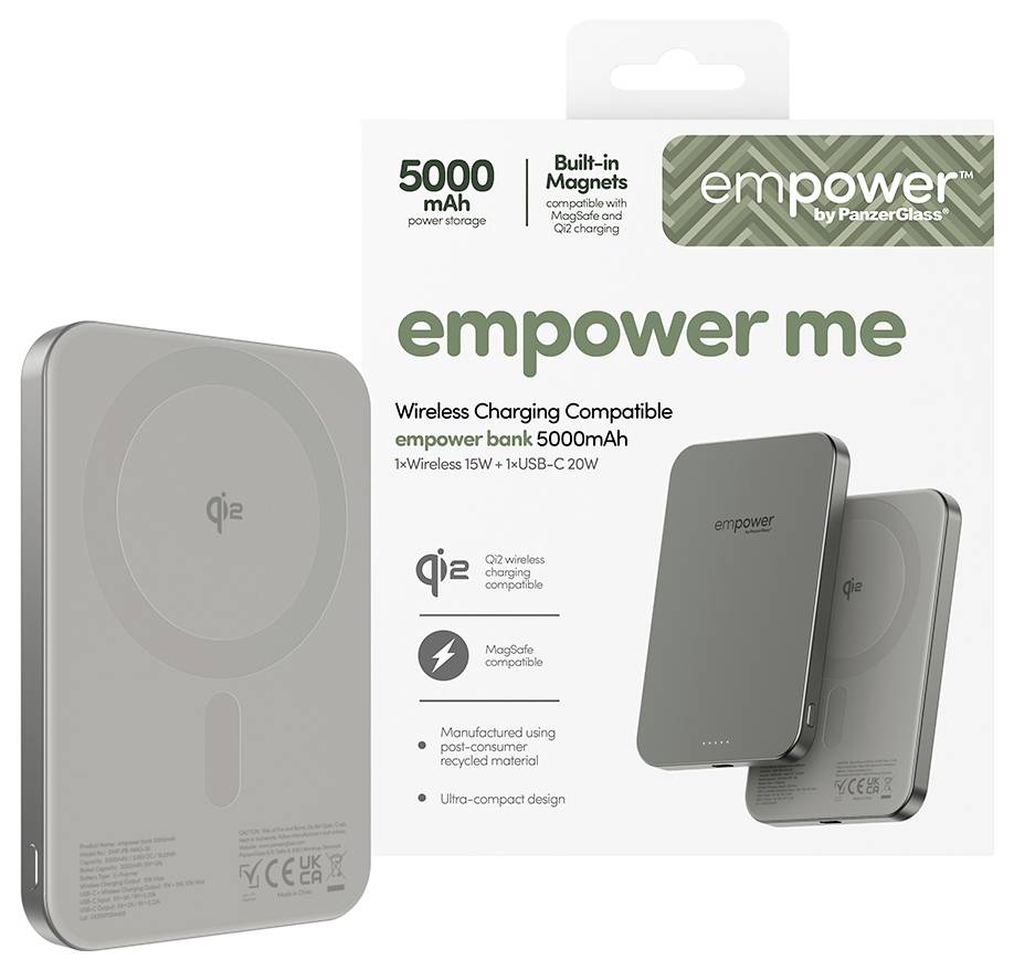 'Empower me' 5000mAh draadloze powerbank met geïntegreerde magneten, 15W draadloos opladen, 1 USB-C, ultracompact design.