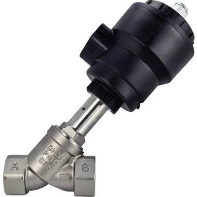 Een metalen hoekklep met zwarte actuator, gemarkeerd met 'DN25 PN16 CF8' op het lichaam, heeft poorten gemarkeerd met 'A' en 'B', gebruikt in vloeistofregelsystemen.