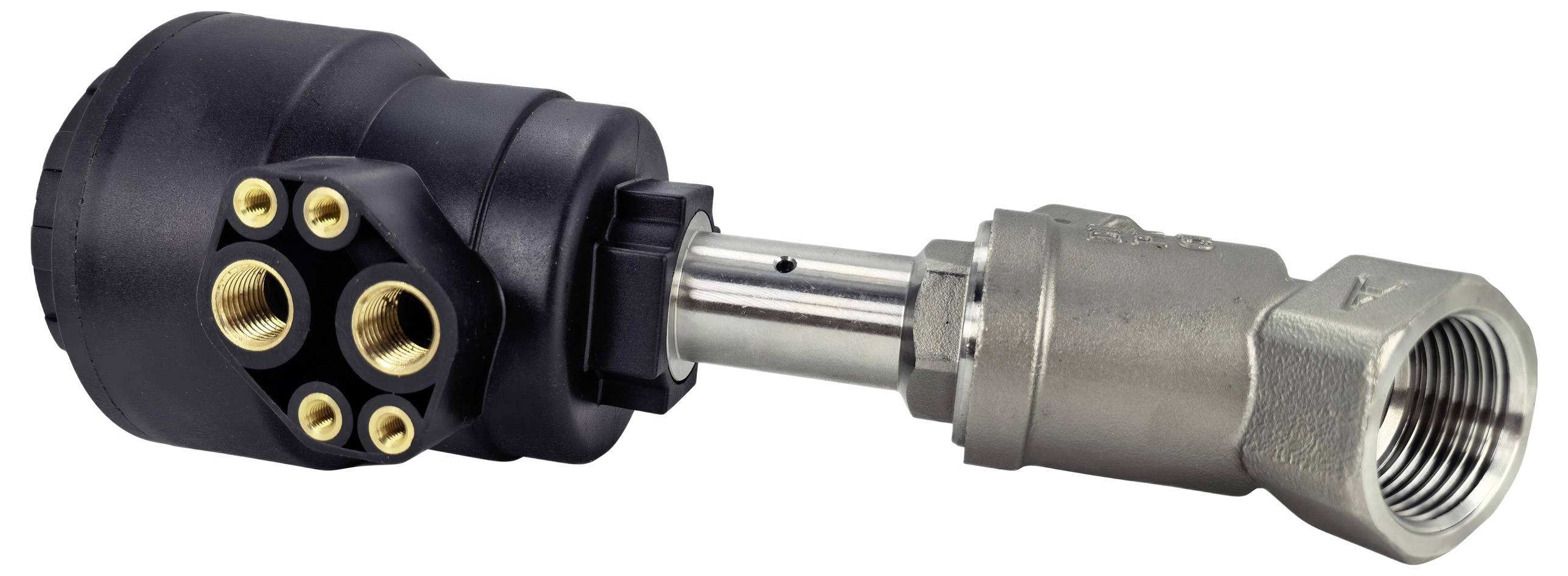 Een zwart en zilverkleurige industriële ventielactuator met meerdere koperen aansluitingspunten, ontworpen voor het regelen van vloeistofstroom in machines.