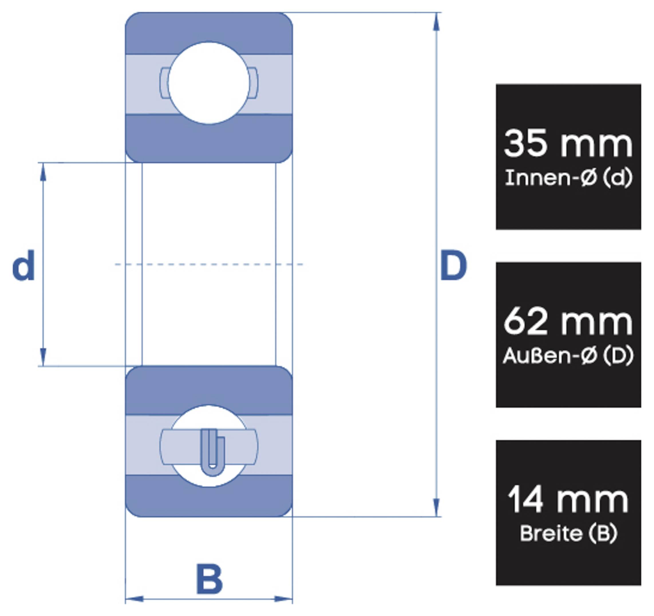 Doorsnedediagram van een mechanisch onderdeel met afmetingen: Binnendiameter (d) 35 mm, Buitendiameter (D) 62 mm, Breedte (B) 14 mm.