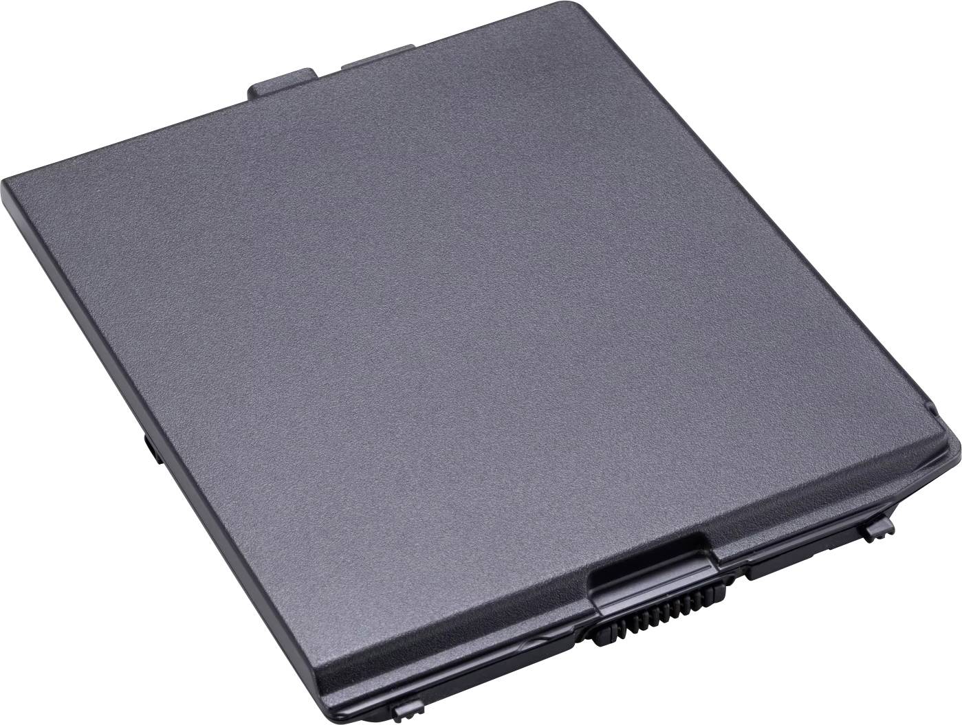 Een rechthoekige laptopbatterij in donkere kleur, liggend op een witte oppervlakte.