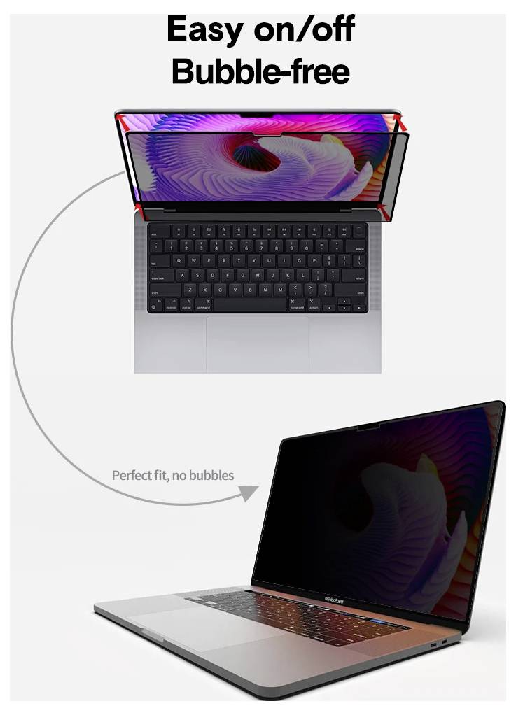 Een laptop met een schermprotector die wordt aangebracht. De tekst luidt 'Gemakkelijk aan/uit Bellenvij' en 'Perfecte pasvorm, geen bellen' met nadruk op installatie.
