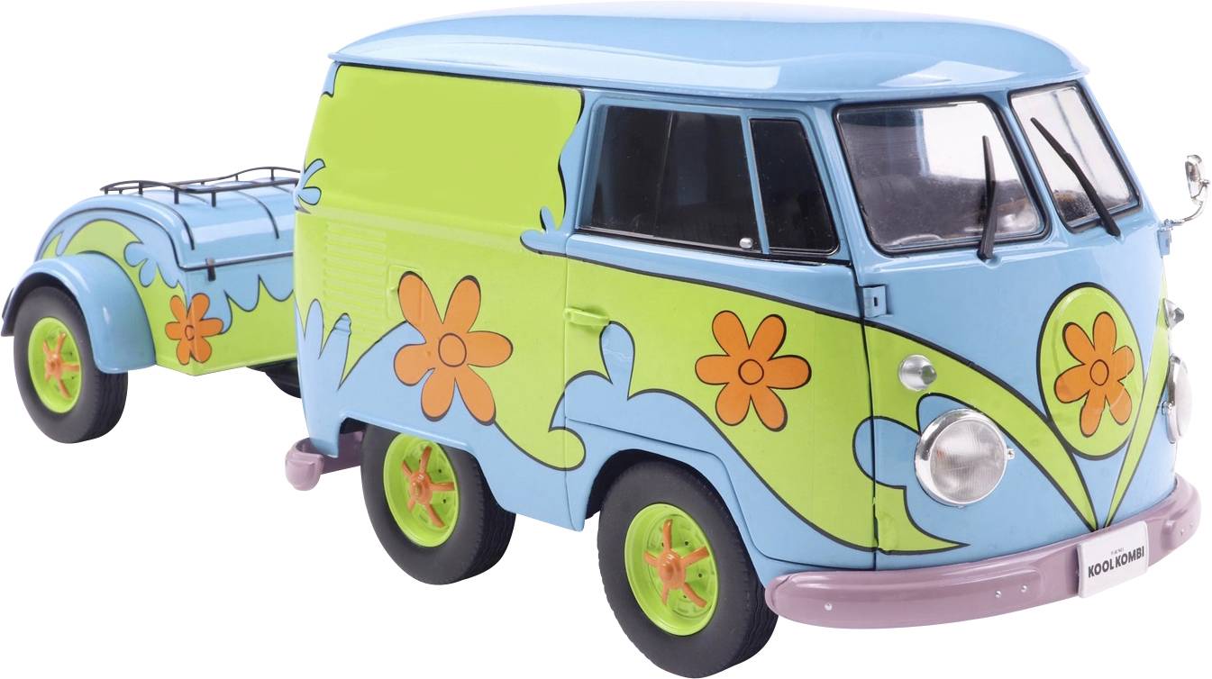 Een speelgoedbestelwagen en aanhanger in levendige kleuren met een blauw en groen ontwerp dat oranje bloempatronen bevat, waardoor een speelse uitstraling ontstaat.
