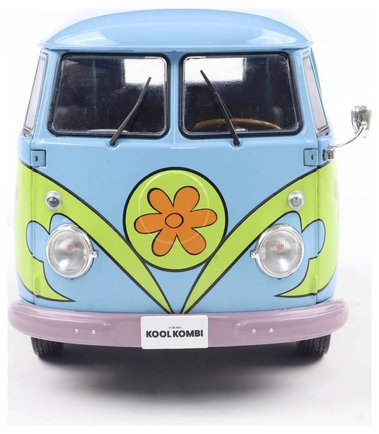 Een speelgoedbus met een kleurrijk jaren '60-design heeft een felblauwe carrosserie, groene en oranje bloempatronen, en het nummerbord 'KOOL KOMBI'.