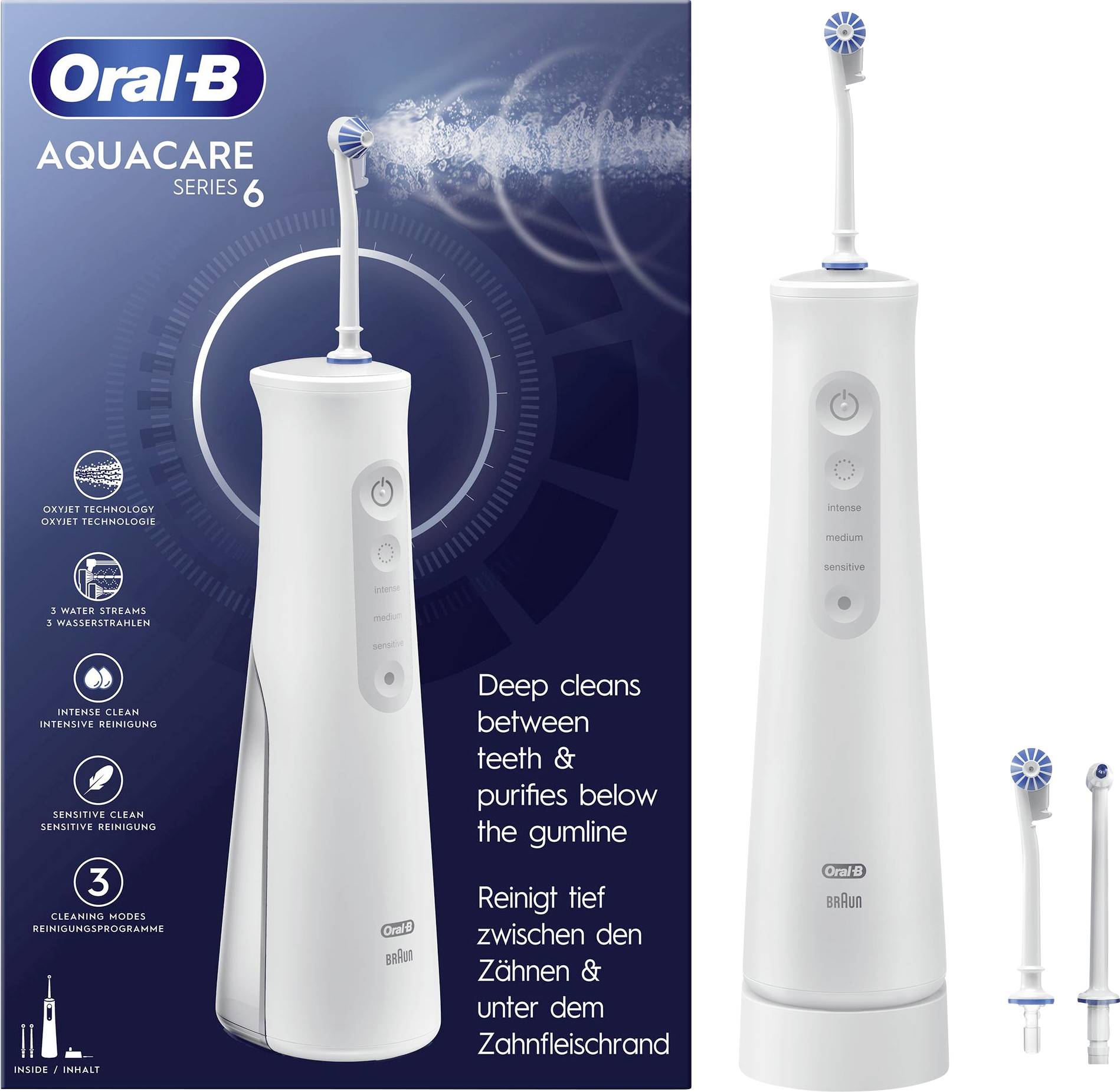 'Oral-B Aquacare Series 6' waterflosser verpakking met productafbeelding die functies toont zoals 3 reinigingsmodi, Oxyjet-technologie en grondig reinigen van de tandvleeslijn.