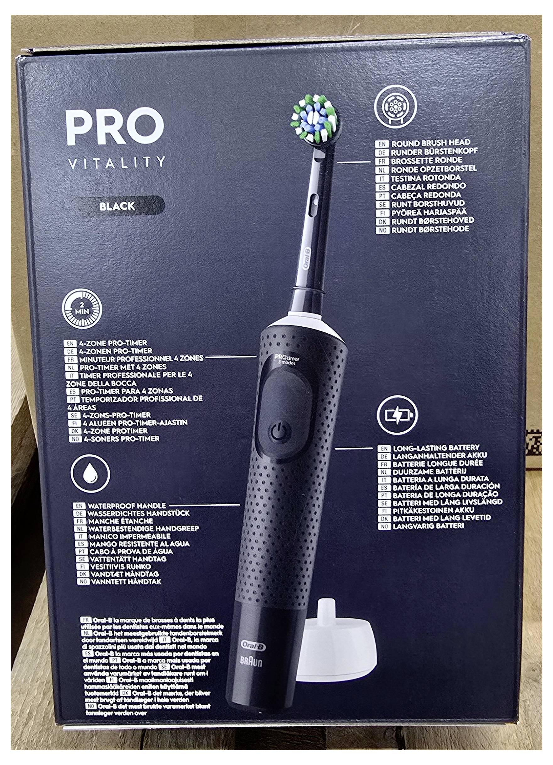 'Pro Vitality Black elektrische tandenborstel met ronde borstenkop, 4 reinigingsmodi, langdurige batterij en waterbestendige handgreep.'