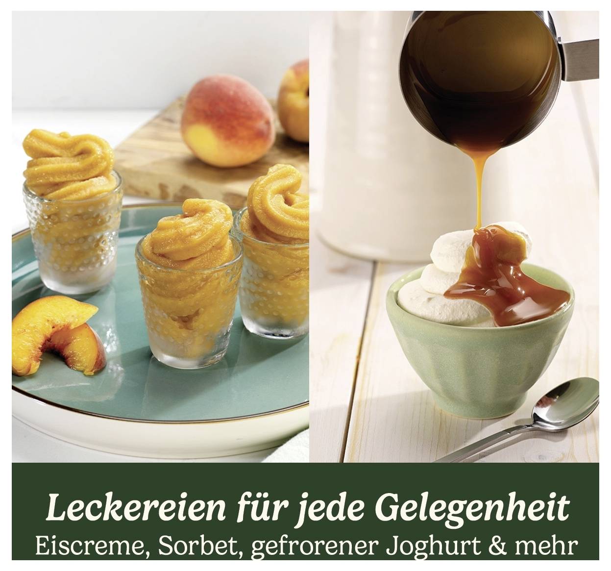 'Een dienblad met perzik-gedessineerde desserts in glazen bekers naast een kom bevroren yoghurt die wordt overgoten met karamelsaus. Tekst leest: Lekkernijen voor elke gelegenheid - Roomijs, sorbet, bevroren yoghurt & meer.'