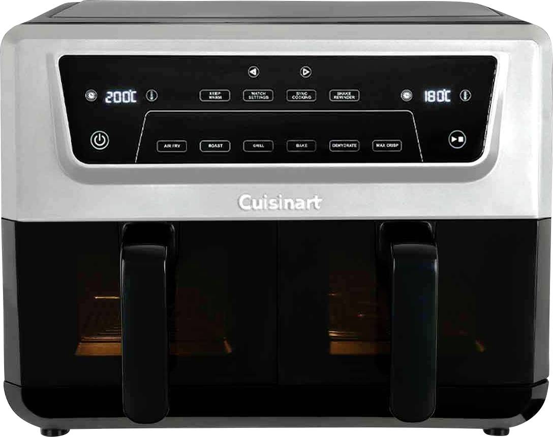 Een roestvrij stalen dubbele-manden airfryer met digitale bediening, ingesteld op 200°C aan de linkerkant en 180°C aan de rechterkant, met verschillende kookmodi.