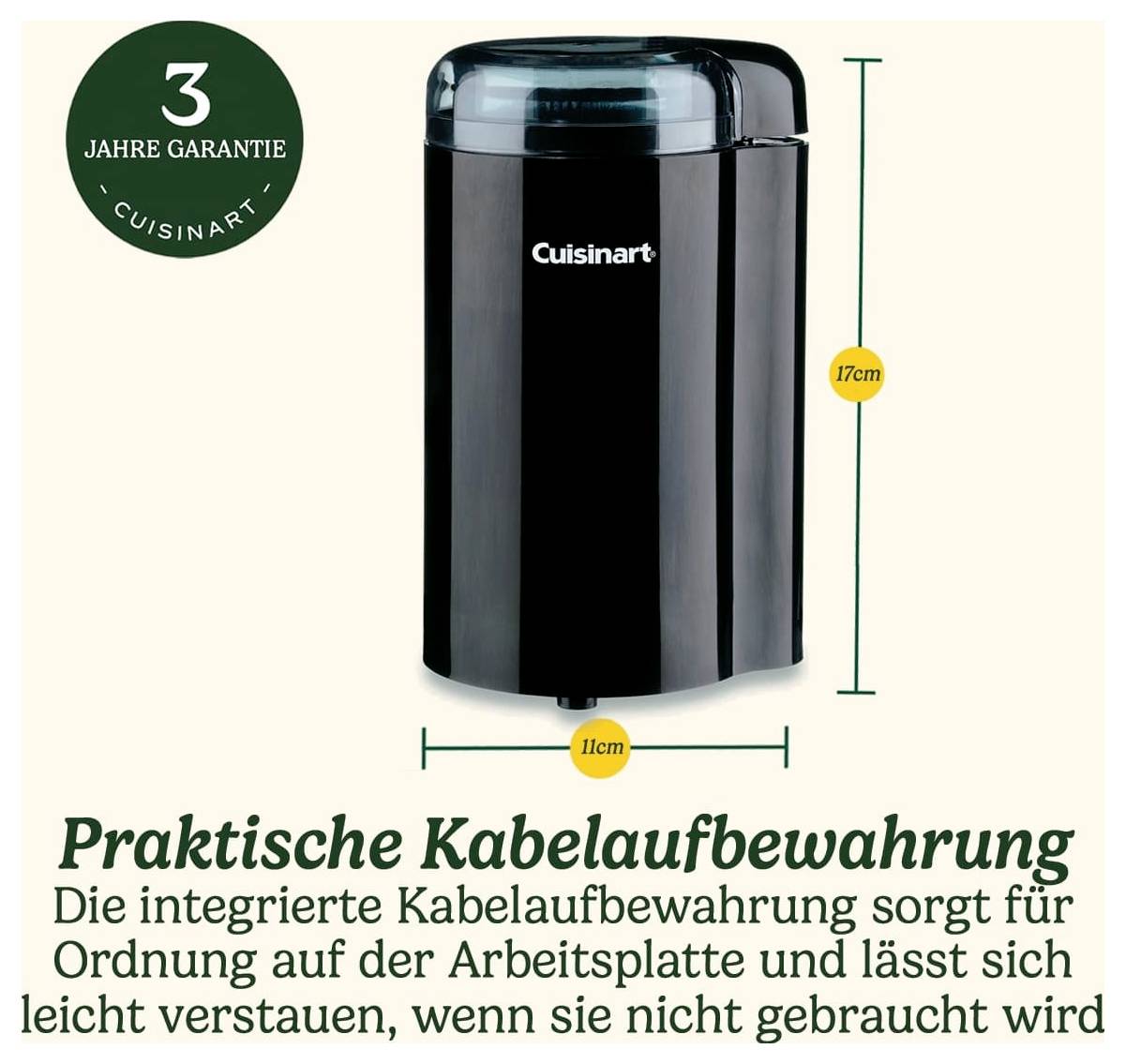 Koffiemolen van Cuisinart met kabelopbergruimte, 11 cm x 17 cm. Tekst: 'Handige kabelopbergruimte'. 3 jaar garantie.