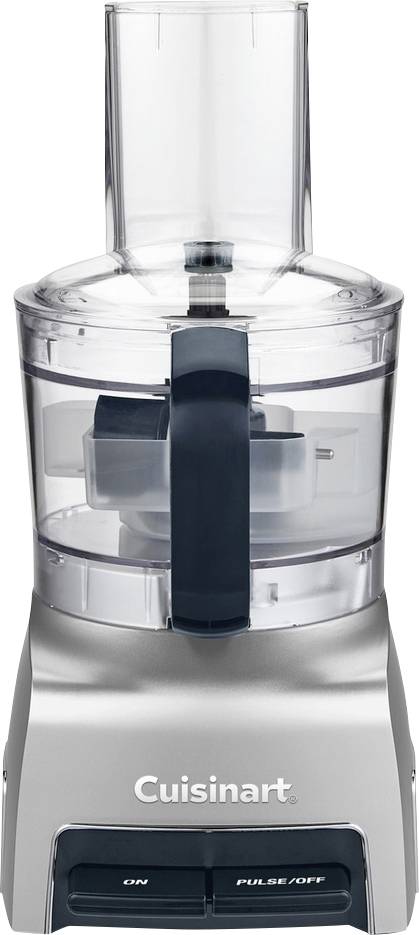 Een Cuisinart keukenmachine met een zilveren onderstel, een doorzichtige kunststof kom en een zwarte handgreep. De bedieningsknoppen zijn gemarkeerd met 'AAN' en 'PULSE/UIT'.