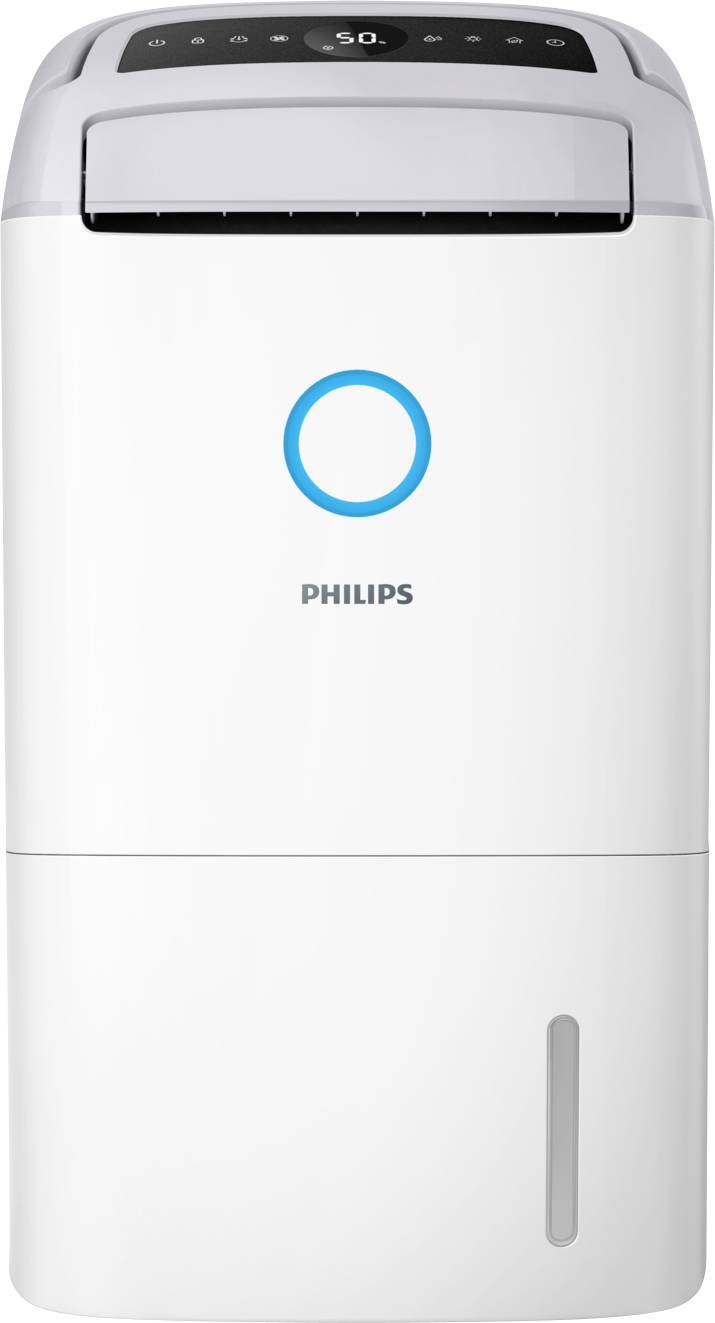 Een witte Philips luchtontvochtiger met een digitaal bedieningspaneel bovenop en een blauwe circulaire logo aan de voorkant.