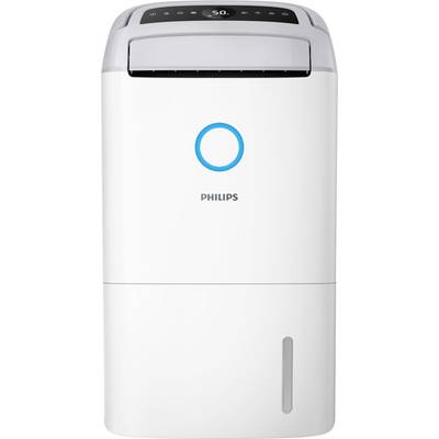 Een witte Philips luchtontvochtiger met een digitaal bedieningspaneel bovenop en een blauwe circulaire logo aan de voorkant.