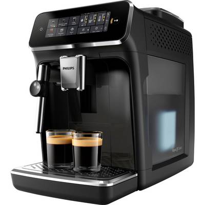 Een zwarte Philips espressomachine met een touchscreen-interface maakt twee kopjes koffie, waarbij stoom oprijst van de dranken.