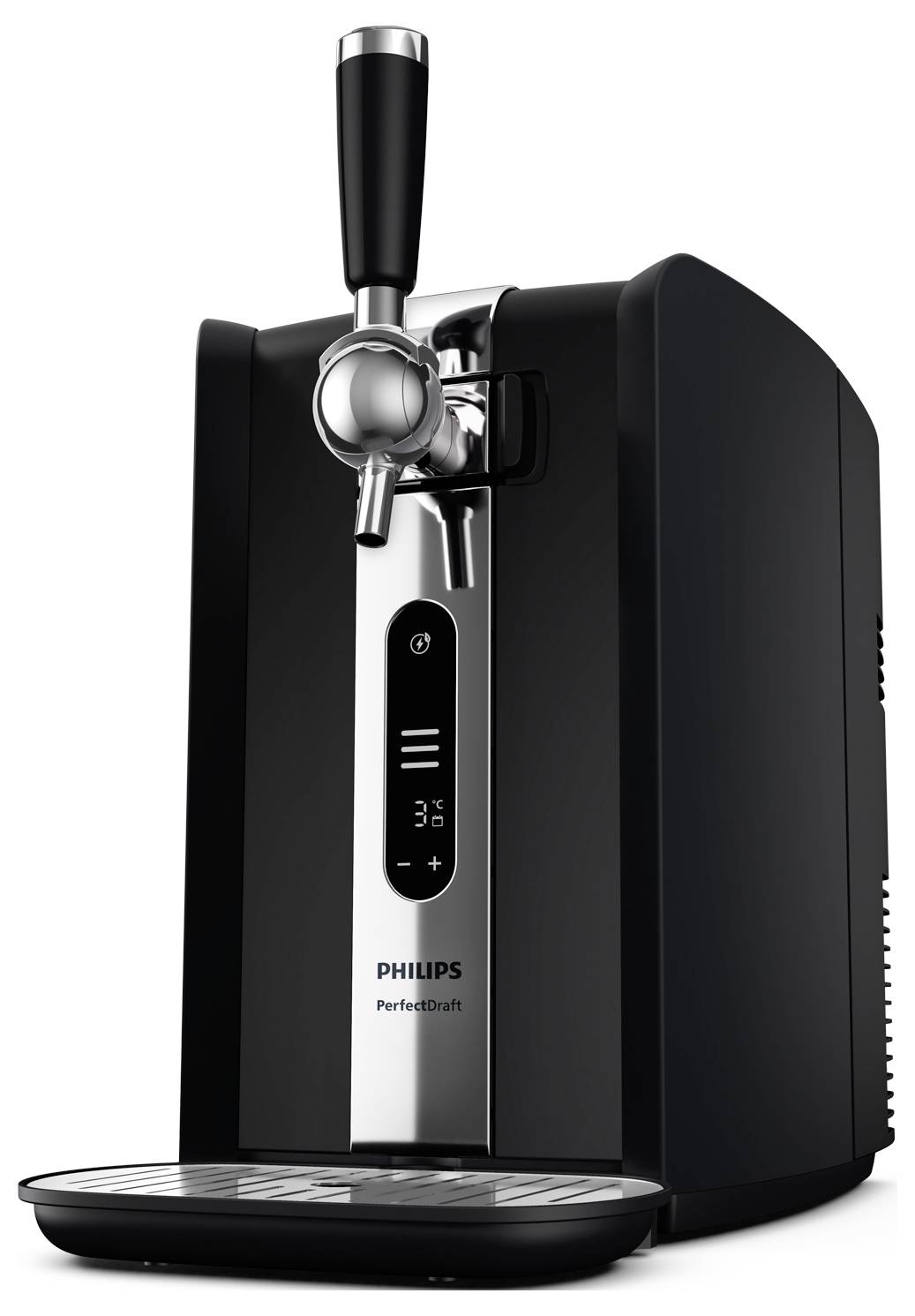 Een zwarte en roestvrijstalen biertap met een chromen kraan en digitaal display, gemerkt als 'PHILIPS PerfectDraft', ontworpen voor gebruik thuis.