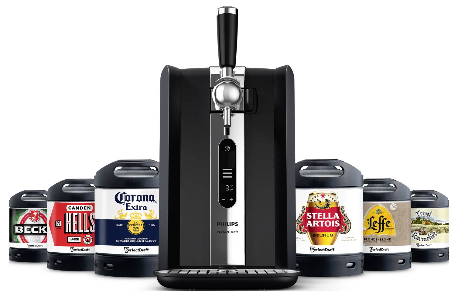 Een Philips biertap is omringd door vaten van verschillende merken zoals Corona, Stella Artois en Beck's, waarbij een thuistap-systeem wordt gedemonstreerd.