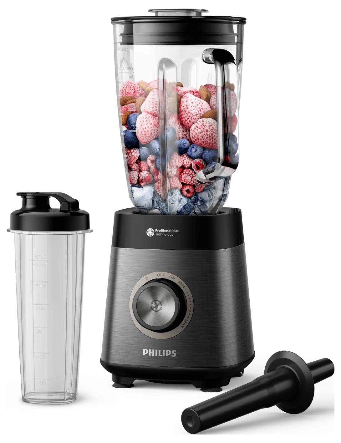 Blender met een transparante pot gevuld met verschillende vruchten, een regeldial aan de voet, vergezeld van een draagbare fles en een stampgereedschap.