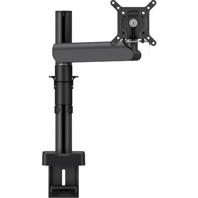 Verstelbare zwarte monitorarm voor bureaumontage, uitgerust met een gewrichte constructie voor draai- en kantelinstelbaarheid, ideaal voor ergonomische werkplekopstellingen.