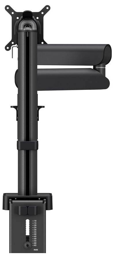 Een zwarte verstelbare monitorarm met verschillende scharnierpunten, ontworpen voor ergonomische positionering, weergegeven in een verticaal uitgeschoven positie.