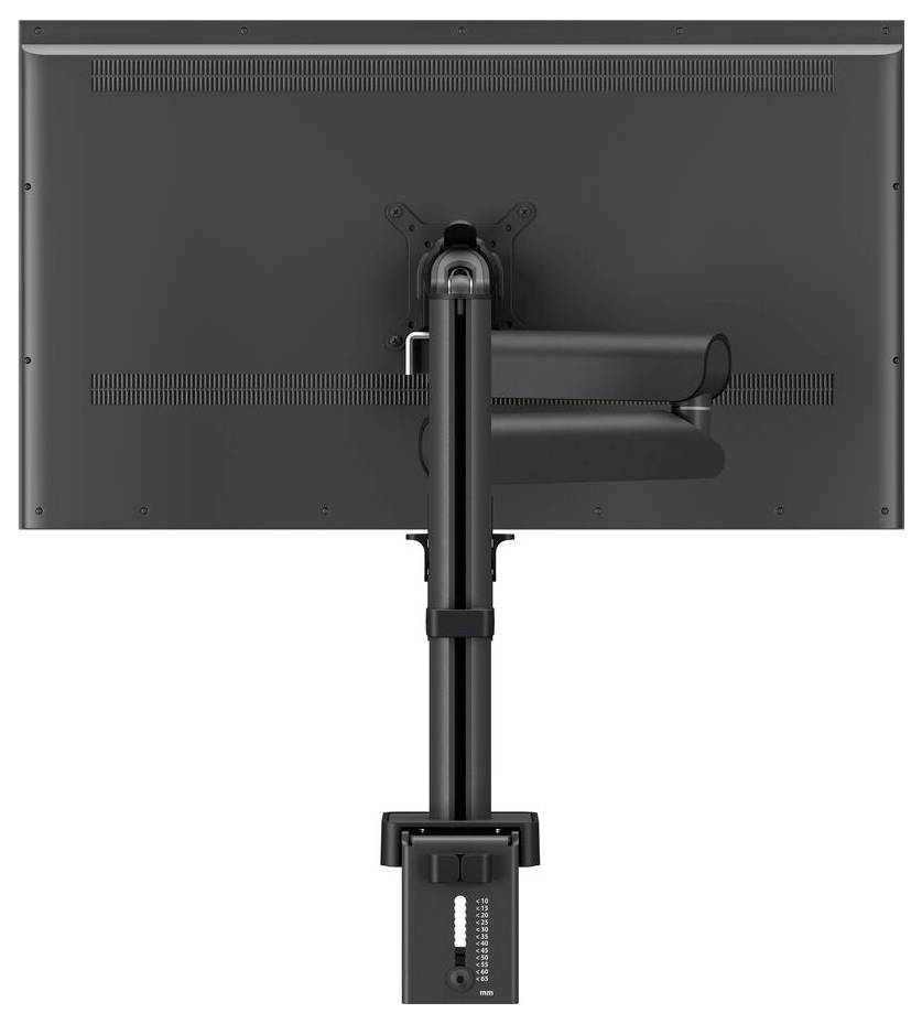 Een zwarte monitor bevestigd op een verstelbare arm, gezien vanuit de achterkant, met zicht op de VESA-montagebeugel en kabelmanagementfuncties.