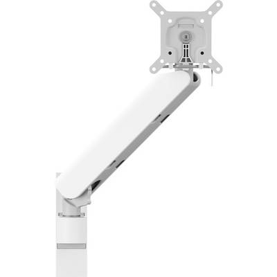 Een witte verstelbare monitorarm met een bevestiging, gefotografeerd van opzij, die wordt gebruikt voor het ondersteunen van computerbeeldschermen in verschillende posities.