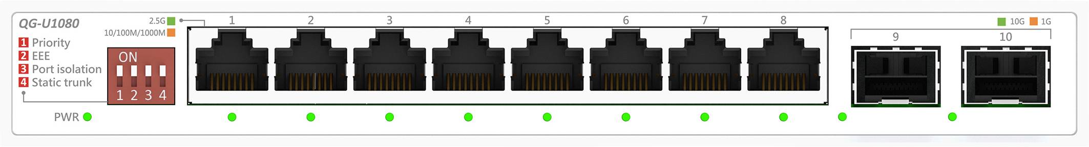 Netwerk switch met acht Ethernet-poorten, twee extra poorten aan de rechterkant, en DIP-schakelaars voor basisconfiguratie en statusindicatoren.