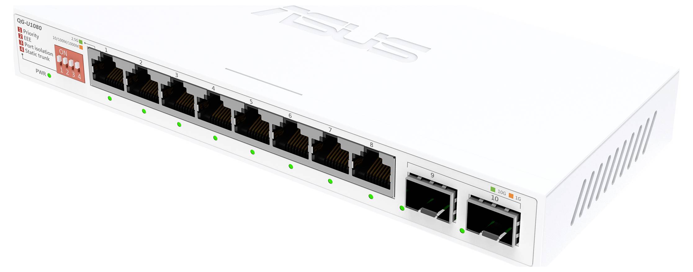 Witte netwerk switch met acht Ethernet-poorten en twee SFP-poorten, LED-indicatoren en ASUS-branding bovenop.