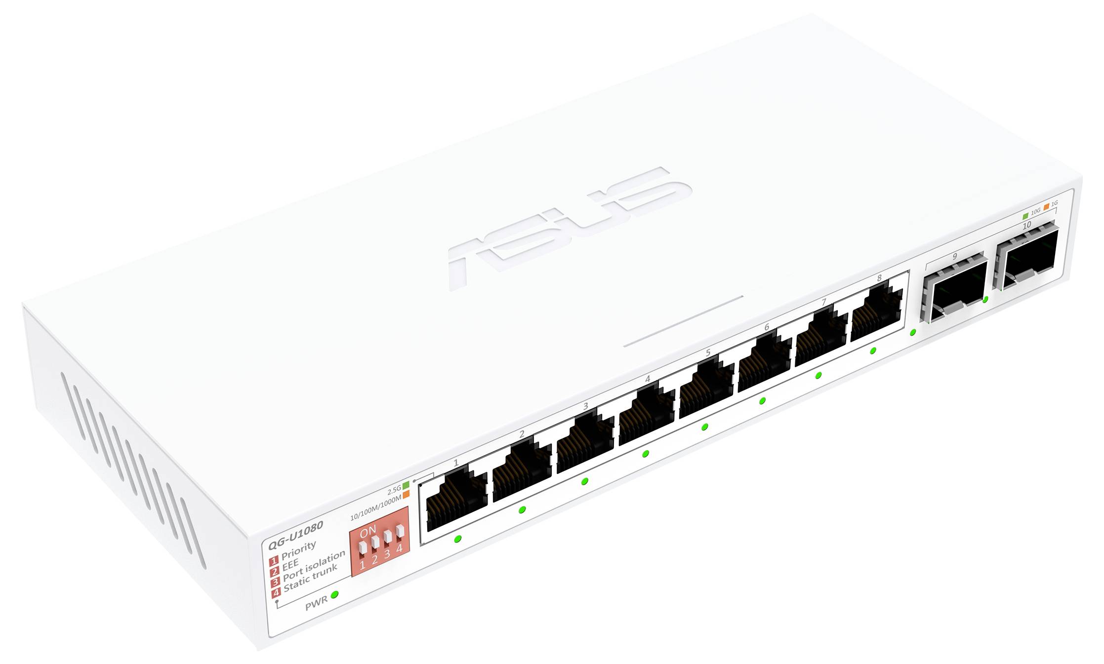 Een witte Asus-netswitch met acht Ethernet-poorten en twee extra poorten. LED's geven de verbindingsstatus aan. Model: GX-U1081.