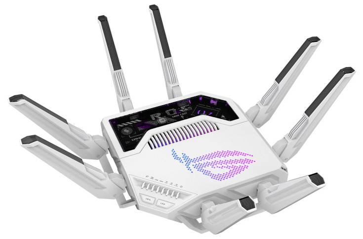 Een futuristische witte draadloze router met acht antennes, voorzien van paars oplichtende LED-verlichting en een digitaal display op het bovenpaneel.