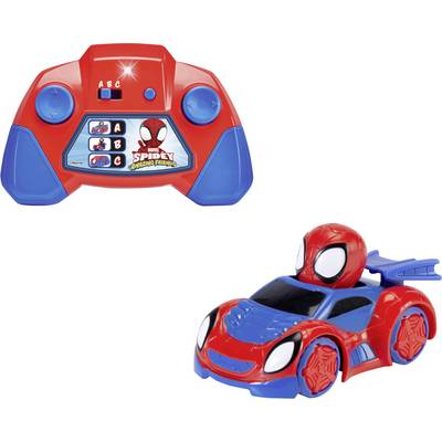 Een afstandsbediende speelgoedauto en controller, uitgevoerd in rood en blauw, met een superhelden-karakterontwerp op beide items.