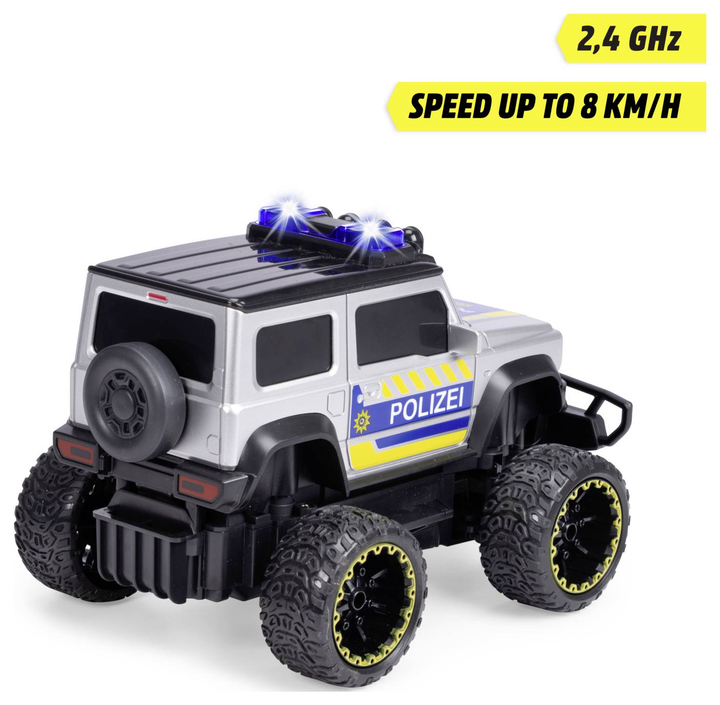 Een speelgoed politievoertuig met 'Polizei' aan de zijkant, grote banden en twee knipperende lichten; gelabeld '2,4 GHz', 'Snelheid tot 8 km/u'.