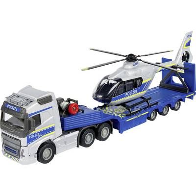 Speelgoedtruck met 'Polizei'-opschrift met een helikopter op een aanhanger, waarbij een politietransportthema wordt getoond.