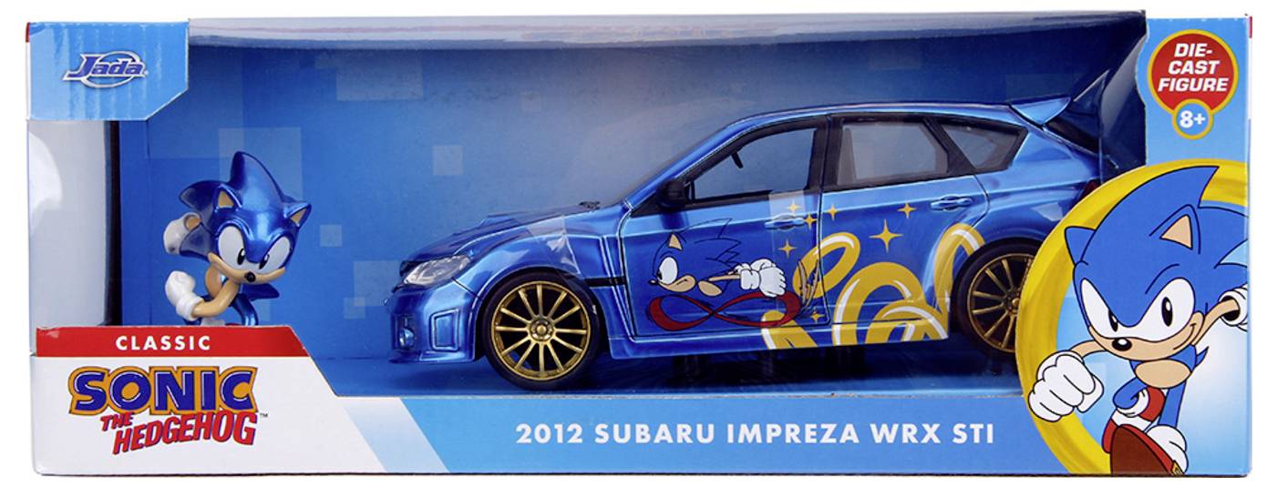 'Classic Sonic the Hedgehog 2012 Subaru Impreza WRX STI modelauto, blauw met Sonic-decals, geschikt voor kinderen van 8 jaar en ouder.'
