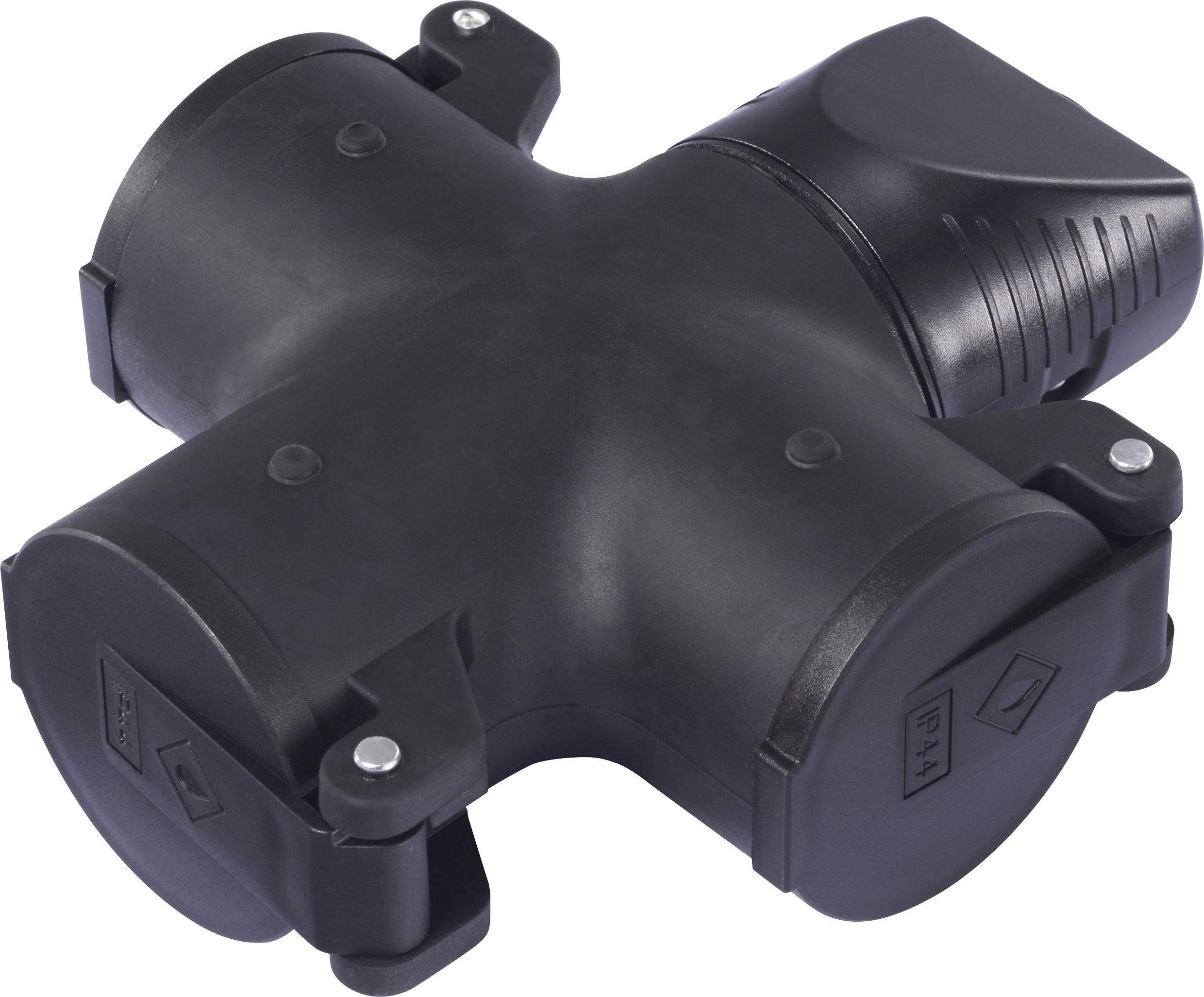 Een zwarte X-vormige elektrische connector met meerdere pluggen en een glad oppervlak, ontworpen voor buitengebruik.