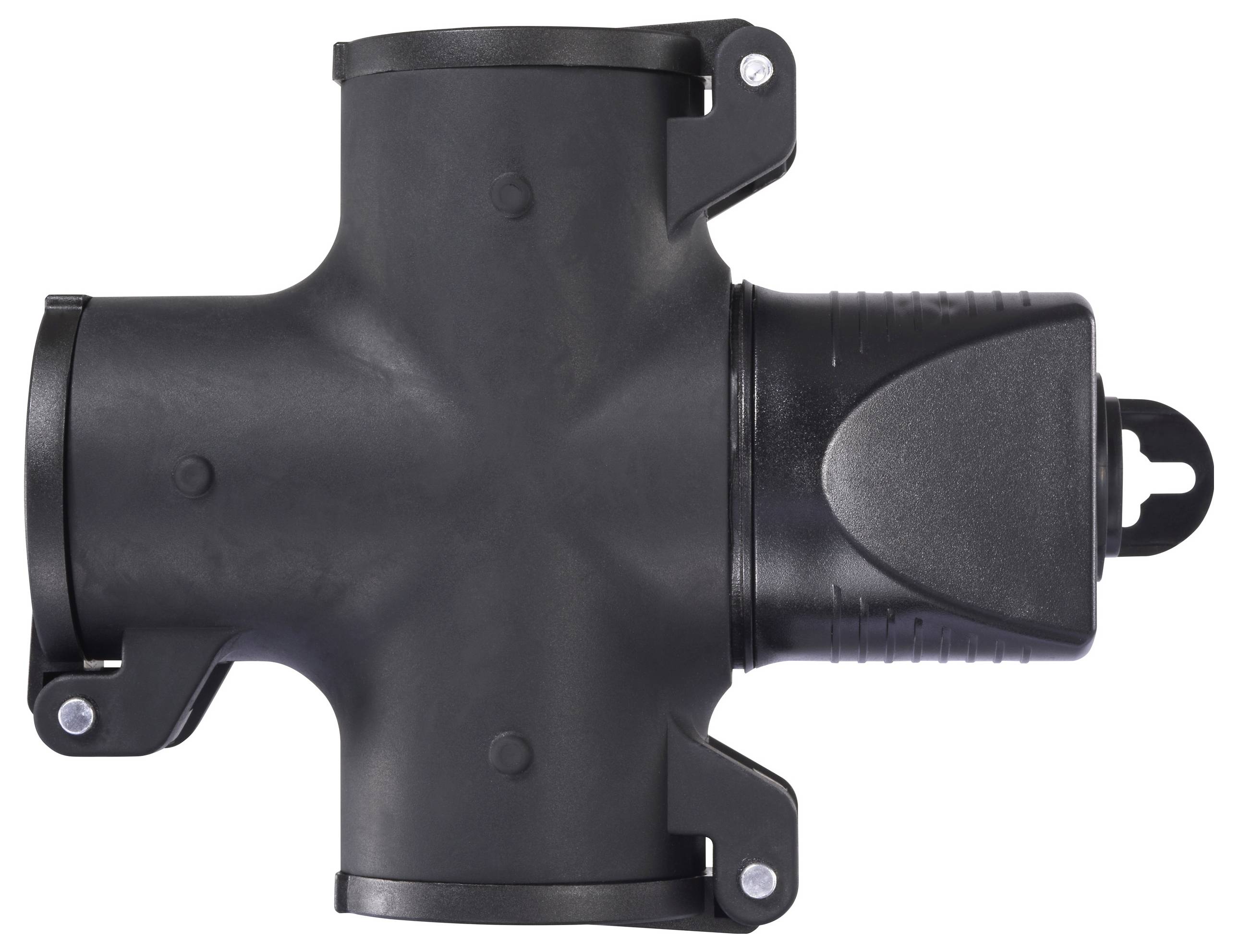 Een zwart stroomsnoer met aan het ene uiteinde een Europese tweepins stekker en aan het andere uiteinde een IEC C13-connector, opgerold met elastiekjes.