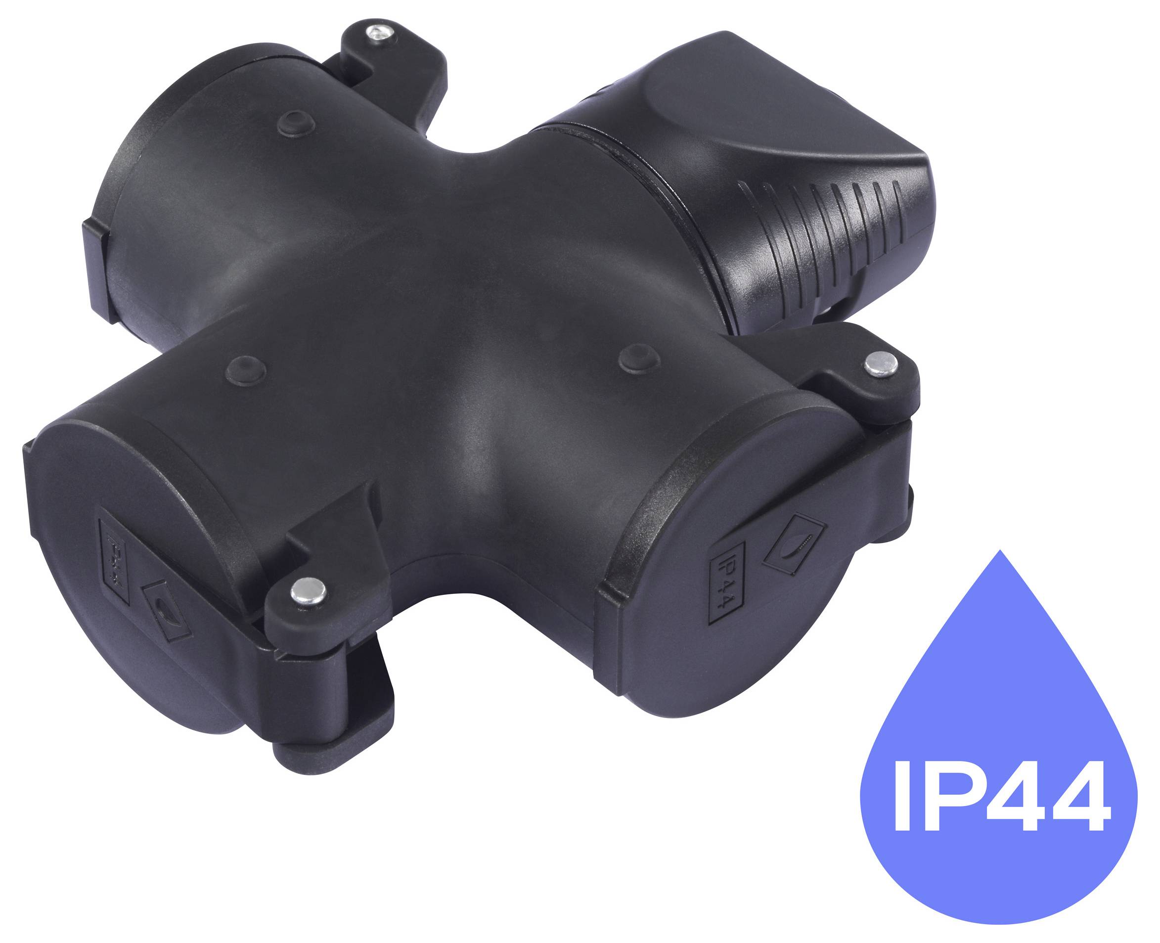 Een zwarte vierwegige elektrische verbindingsdoos met een waterdruppe-icoon gelabeld 'IP44', wat waterweerstand aangeeft.