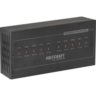 Zwarte VOLTCRAFT UC-650W01 snellader met meerdere poorten met tien 65W USB-C poorten gelabeld PD-01 tot PD-10 en een LED-indicator.